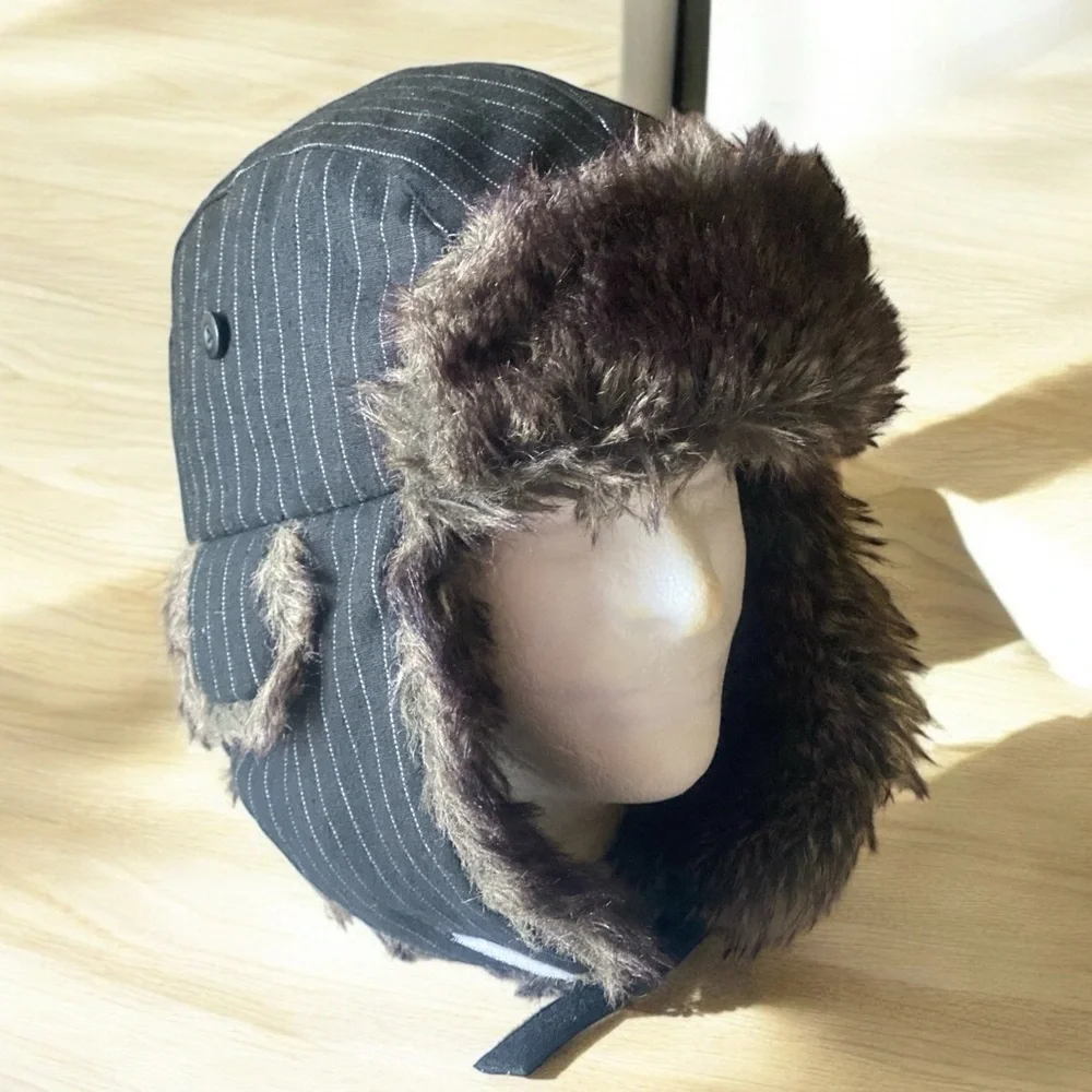 Trappers Hat Wool Pinstripe Fur Trappers Hat Size 2XL-3XL Black